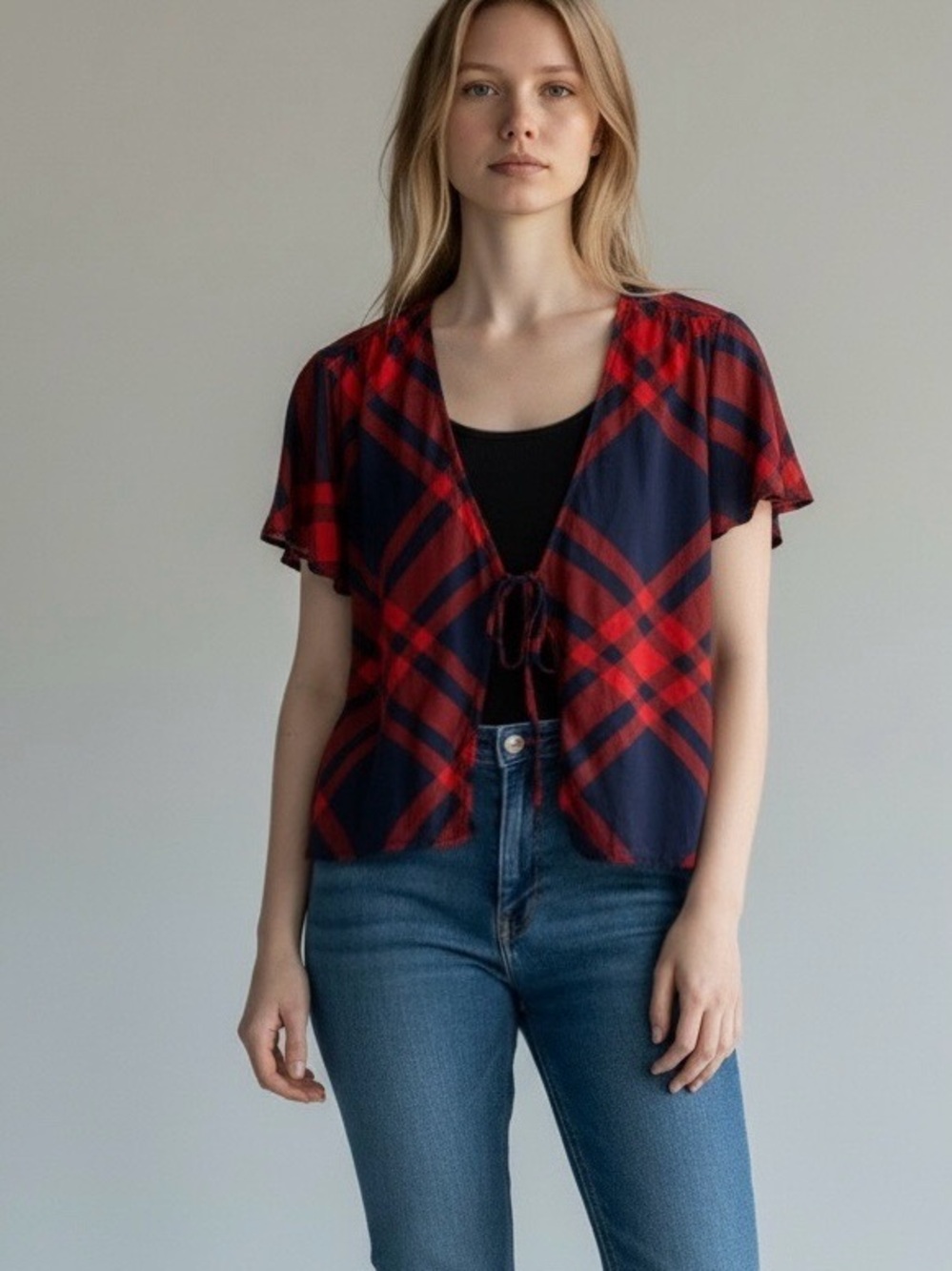 aerie Red and Navy Plaid Tie-Front Crop Top